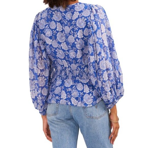 Vince Camuto Blue Gray Floral Print Smocked Waist Balloon Sleeve Peplum Small - Picture 3 of 16